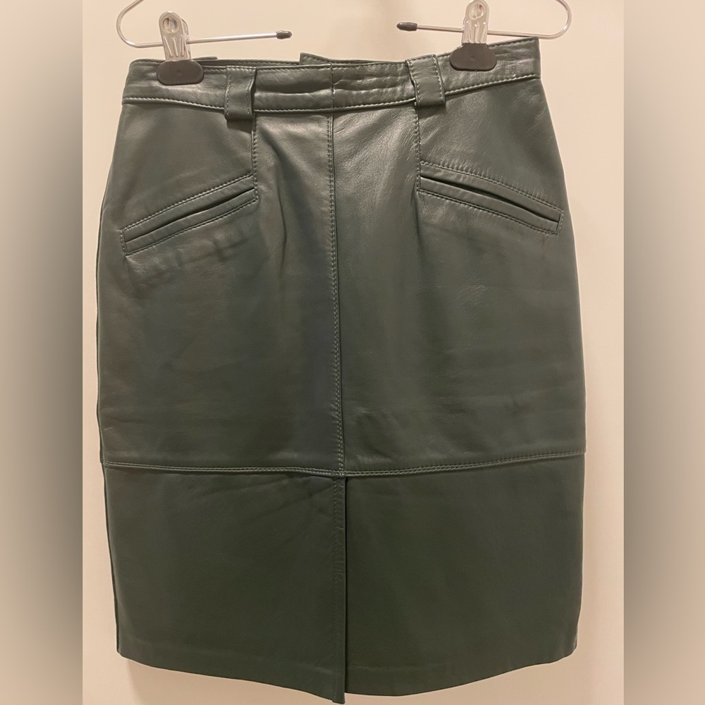 Olive Green Knee-Length Leather Pencil Skirt